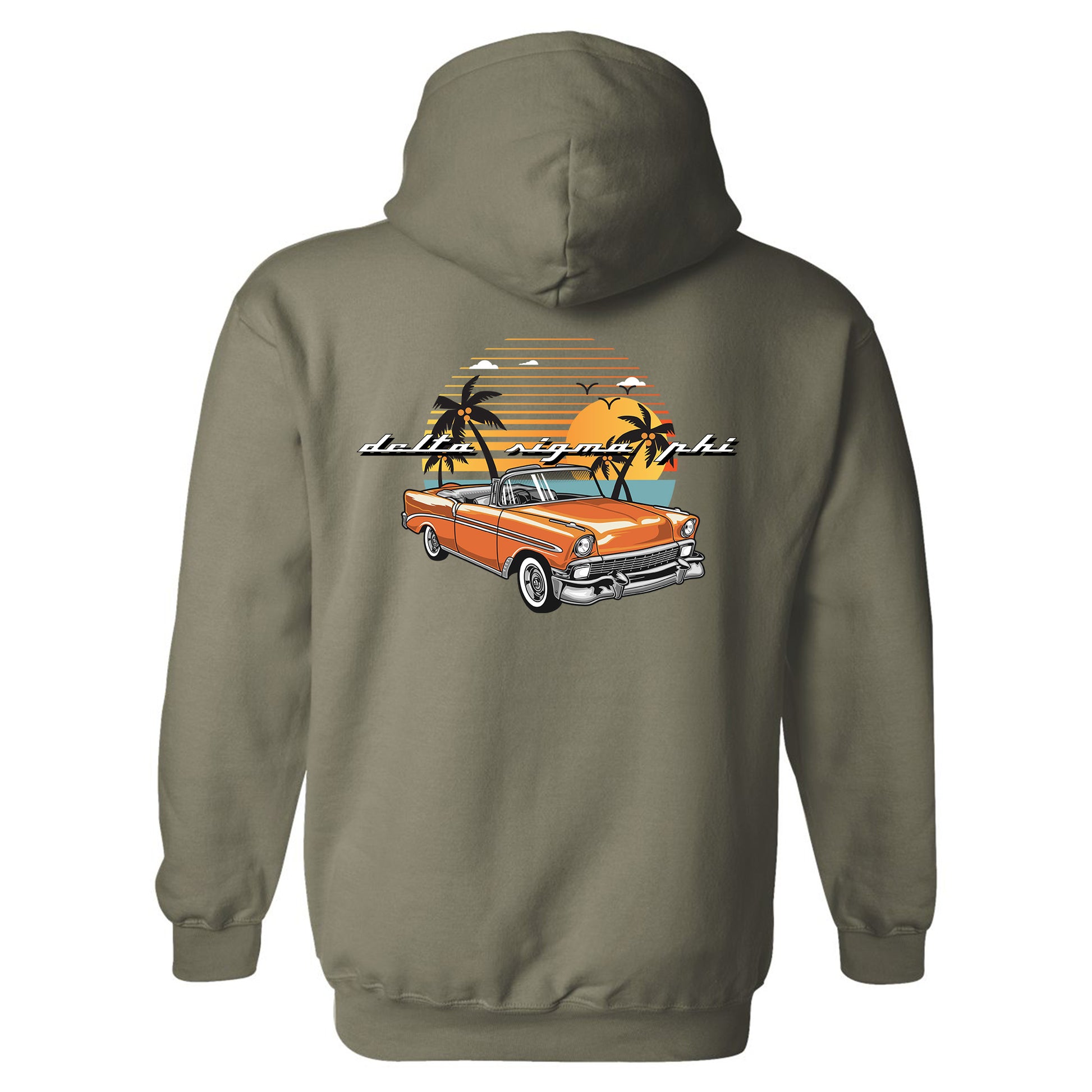 a hoodie with an orange car and palm trees