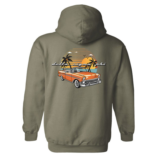 a hoodie with an orange car and palm trees
