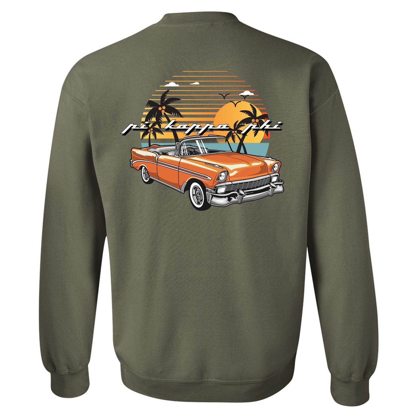 a green sweatshirt with an orange truck and palm trees