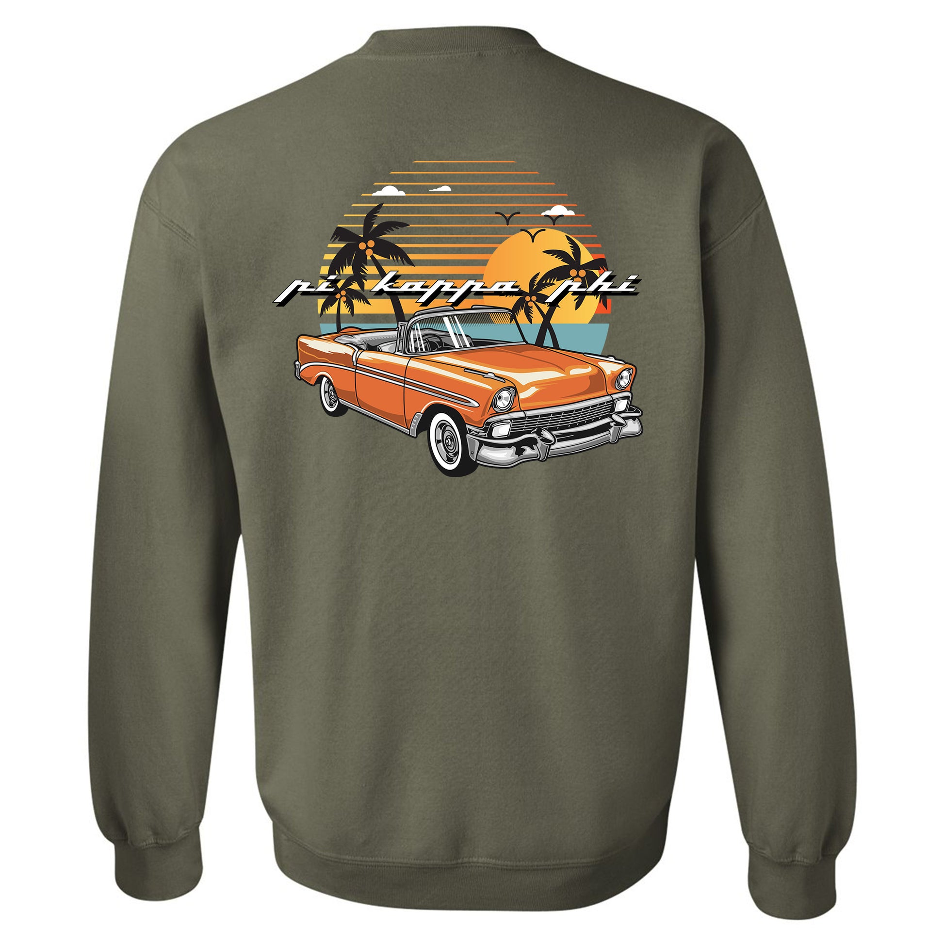 a green sweatshirt with an orange truck and palm trees