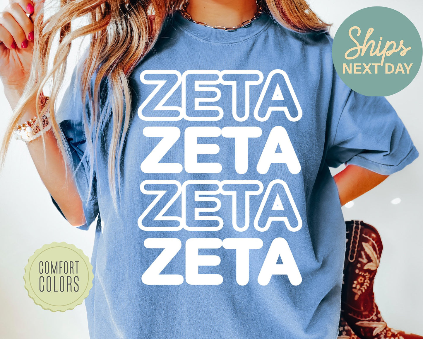 Zeta Tau Alpha Bold Bubble Letter Comfort Colors Sorority T-shirt _ 2237g