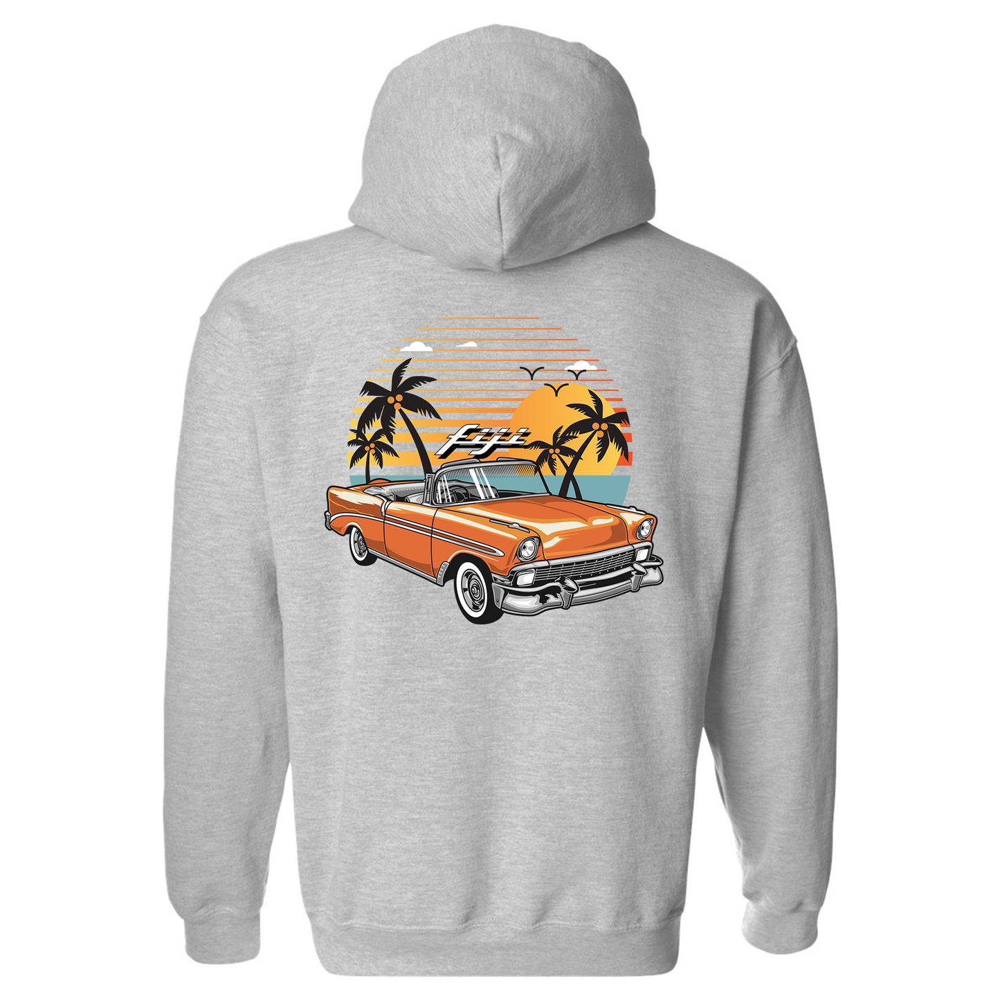 a hoodie with an orange car and palm trees