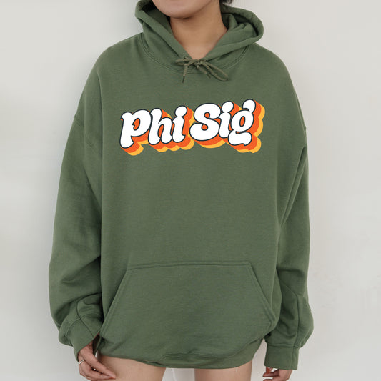 a person wearing a green hoodie with the word phi sig printed on it