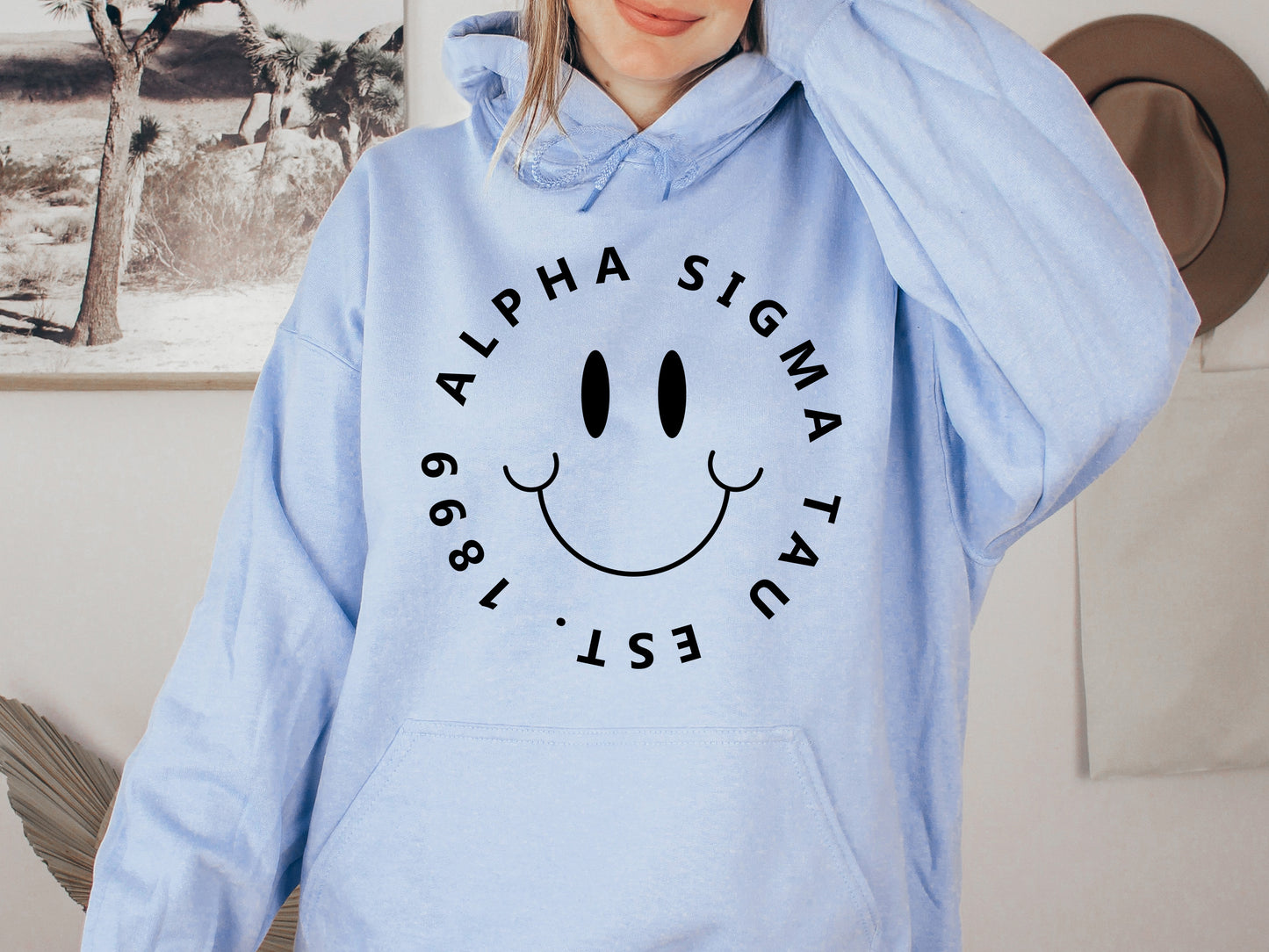 Alpha Sigma Tau Smiley Face Halo Sorority Hoodie _ 2506g