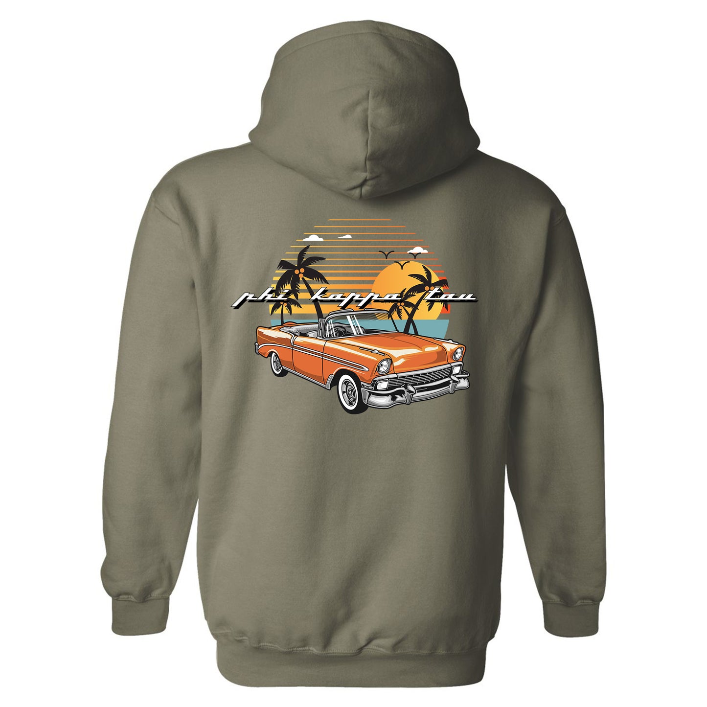 a hoodie with an orange car and palm trees