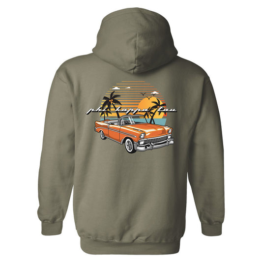 a hoodie with an orange car and palm trees