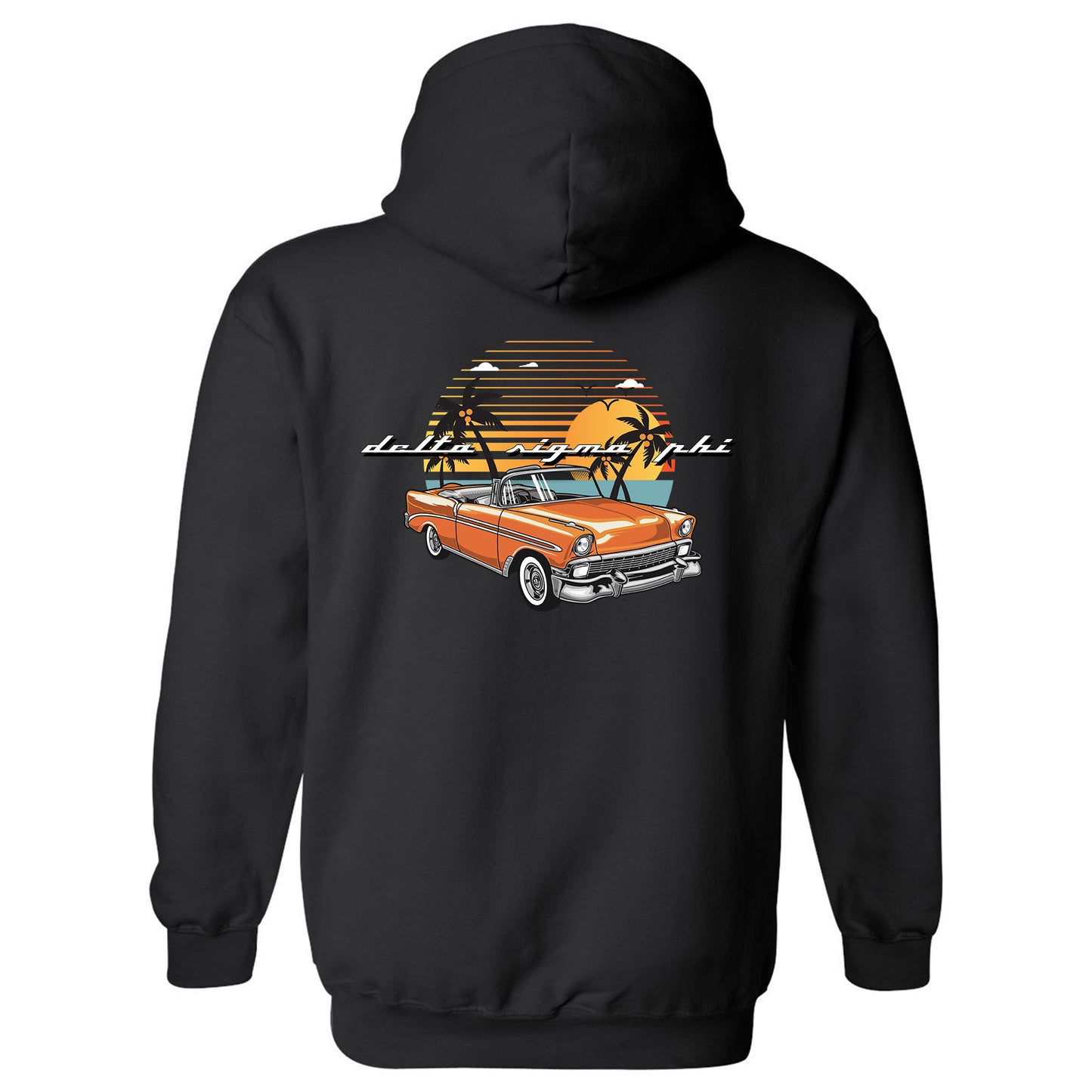 a black hoodie with an orange car on it