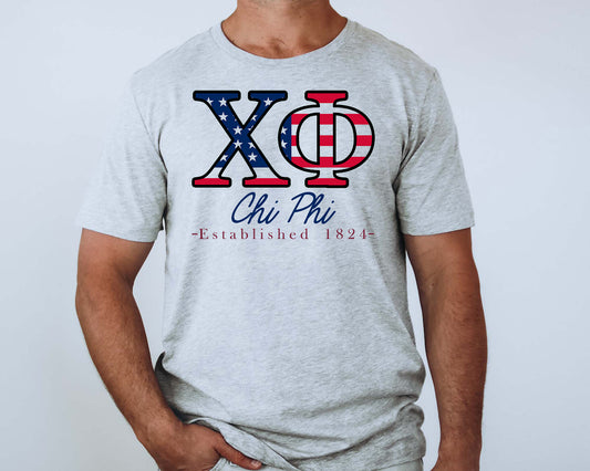 Chi Phi American Flag Letters Fraternity T-shirt _ 1160g