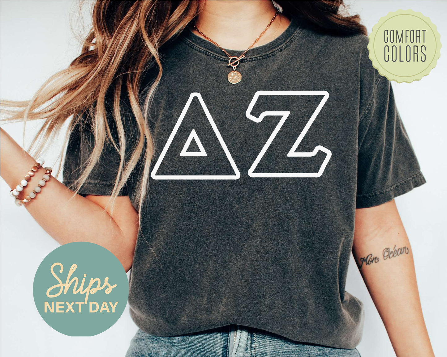 Delta Zeta White Letter Outline Comfort Colors Sorority T-shirt _ 30804g