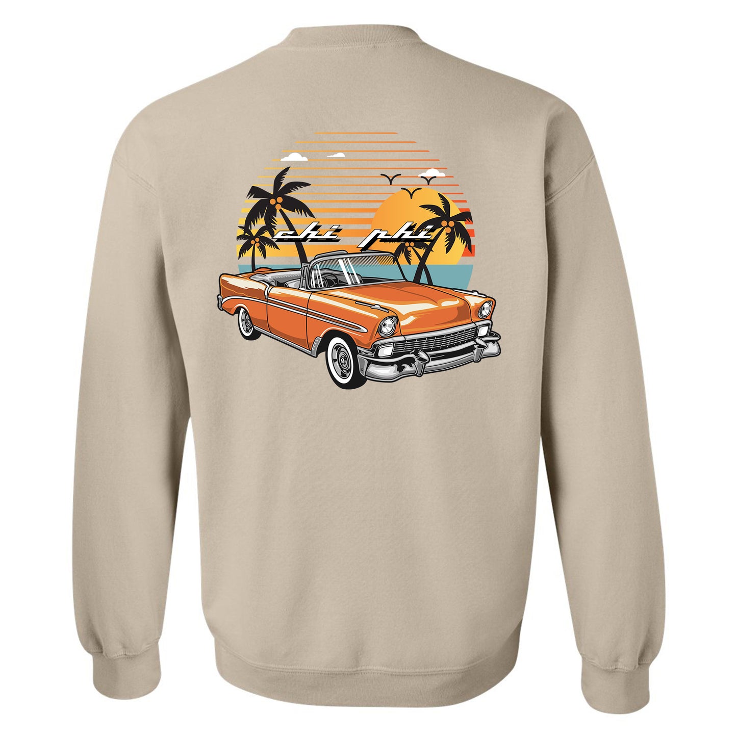 a tan sweatshirt with an orange car and palm trees