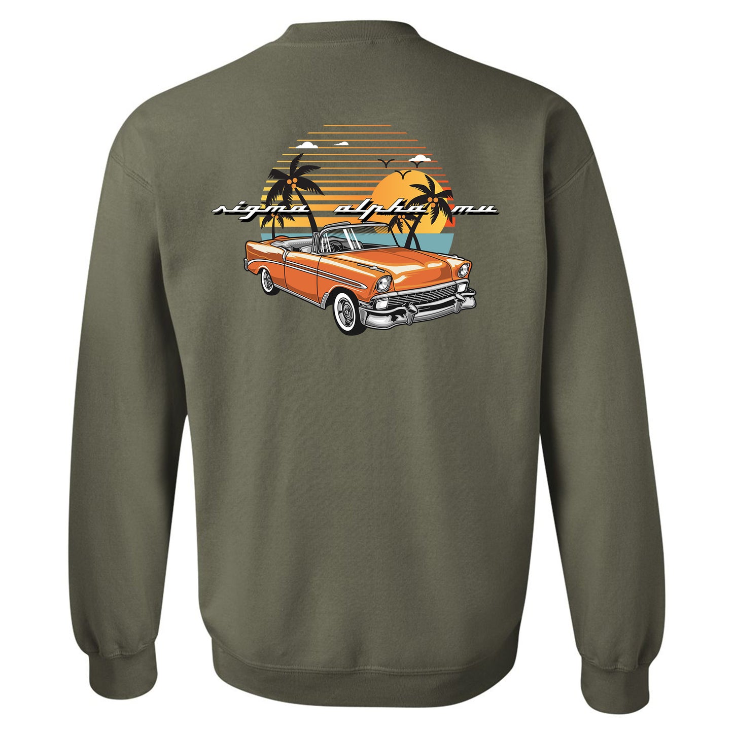 a green sweatshirt with an orange car and palm trees
