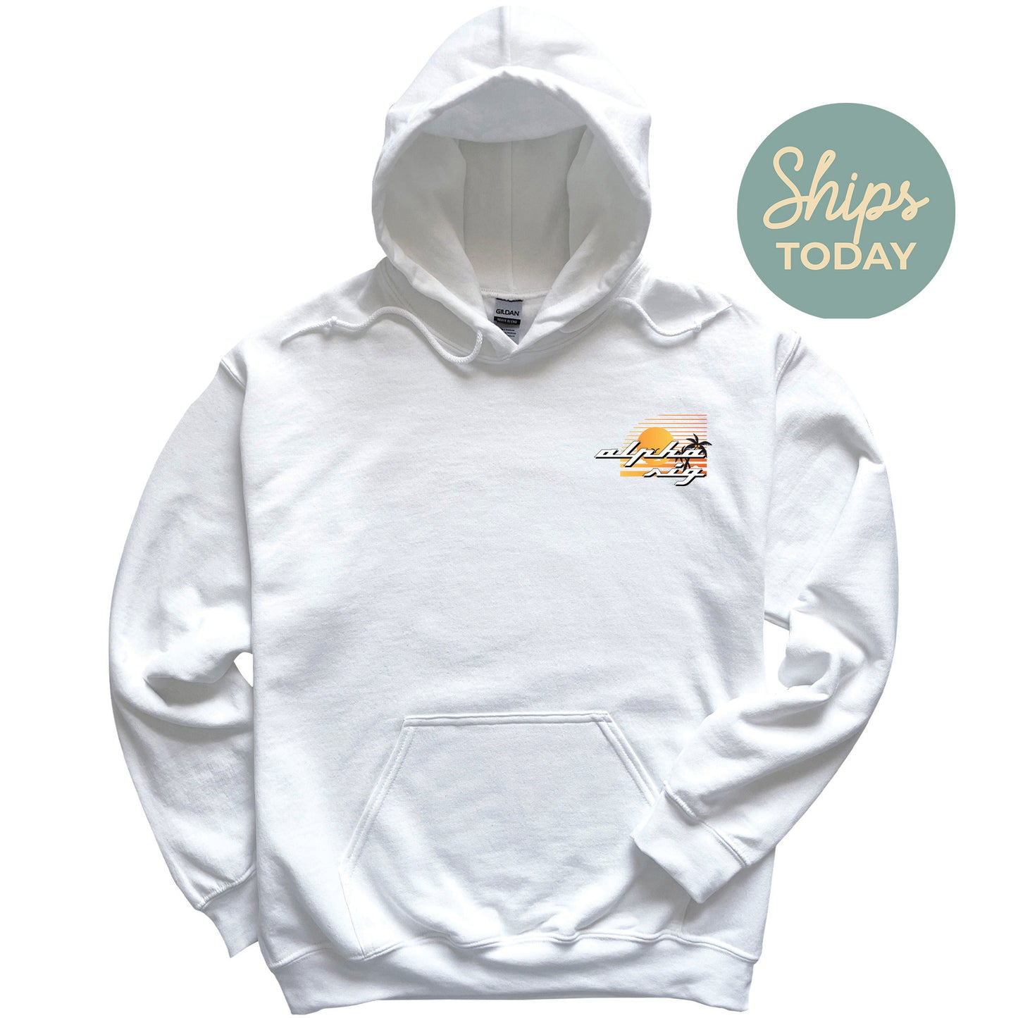 a white hoodie with the words ships today on it