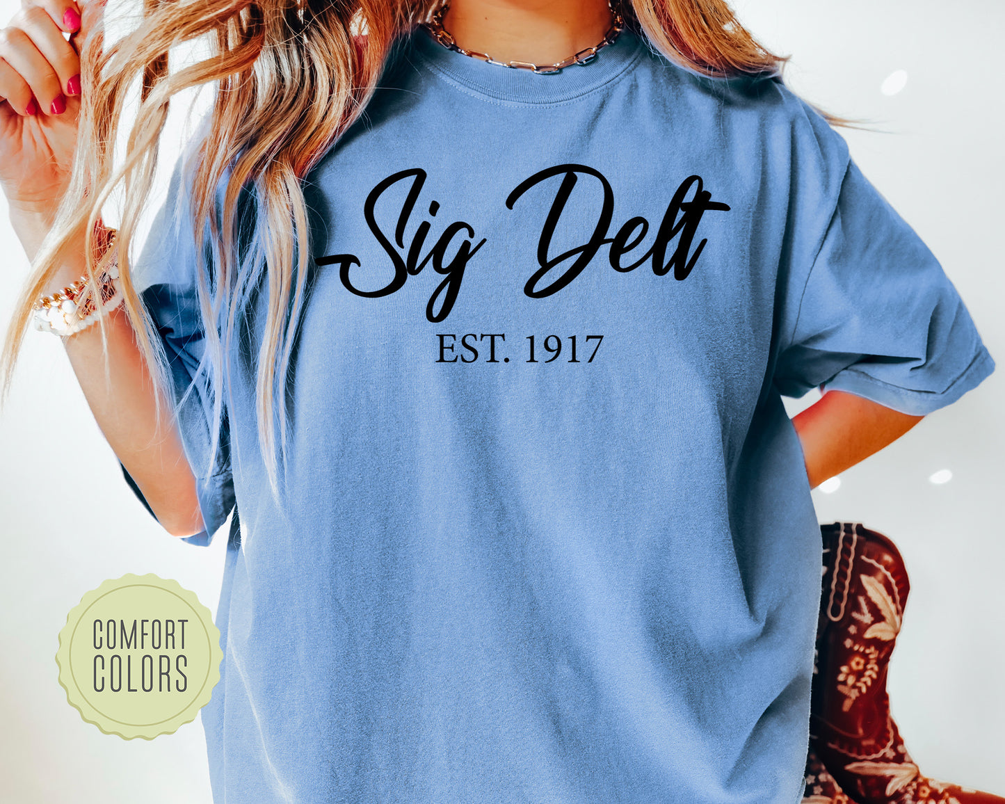 Sigma Delta Tau Black Flowy Comfort Colors Sorority T-shirt _ 98g