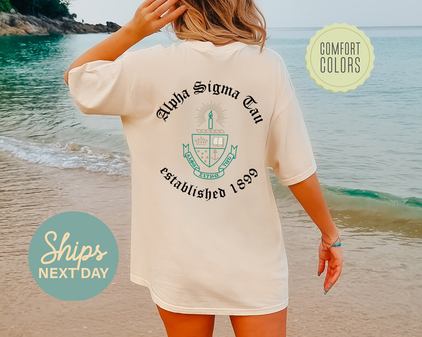 Alpha Sigma Tau Old English Crest Comfort Colors Sorority T-shirt _ 32927g