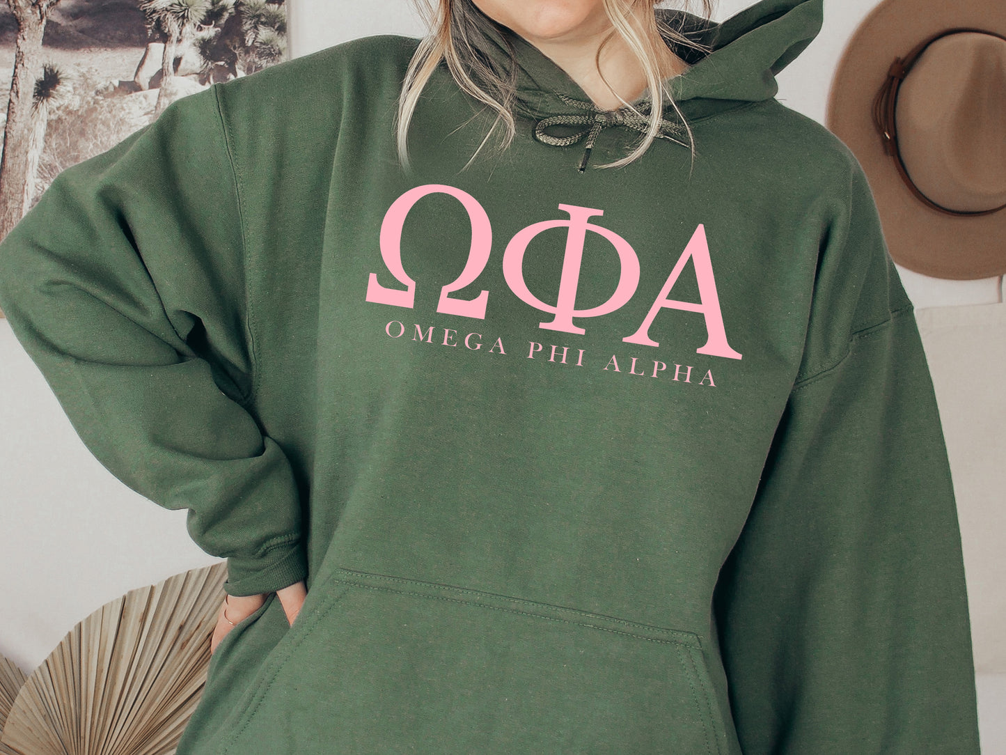 Omega Phi Alpha Pink Letter Sorority Hoodie _ 3488g