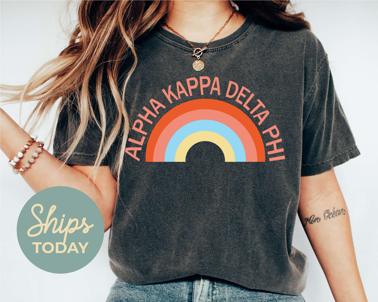 Alpha Kappa Delta Phi Colorful Rainbow Sorority T-shirt _ 3454g