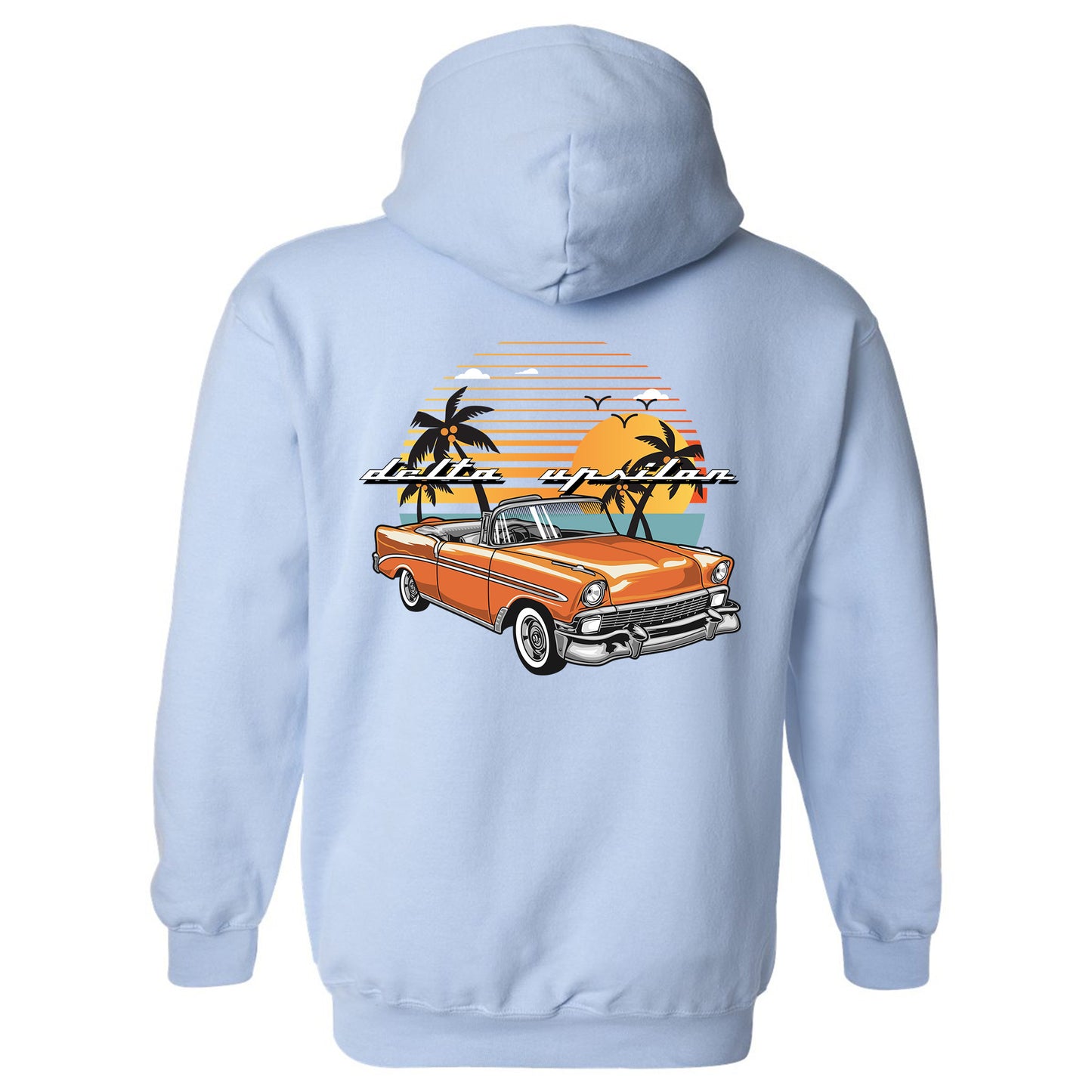a blue hoodie with an orange car and palm trees