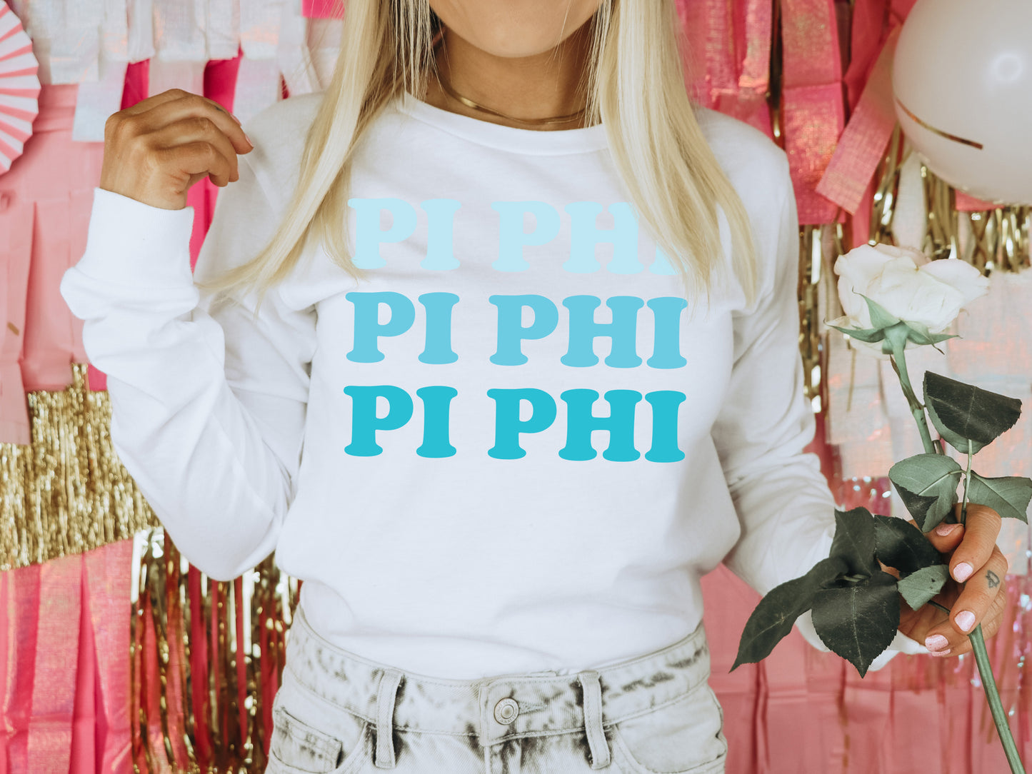 Pi Beta Phi Touch of Blue Sorority Long Sleeve T-shirt _ 2597g