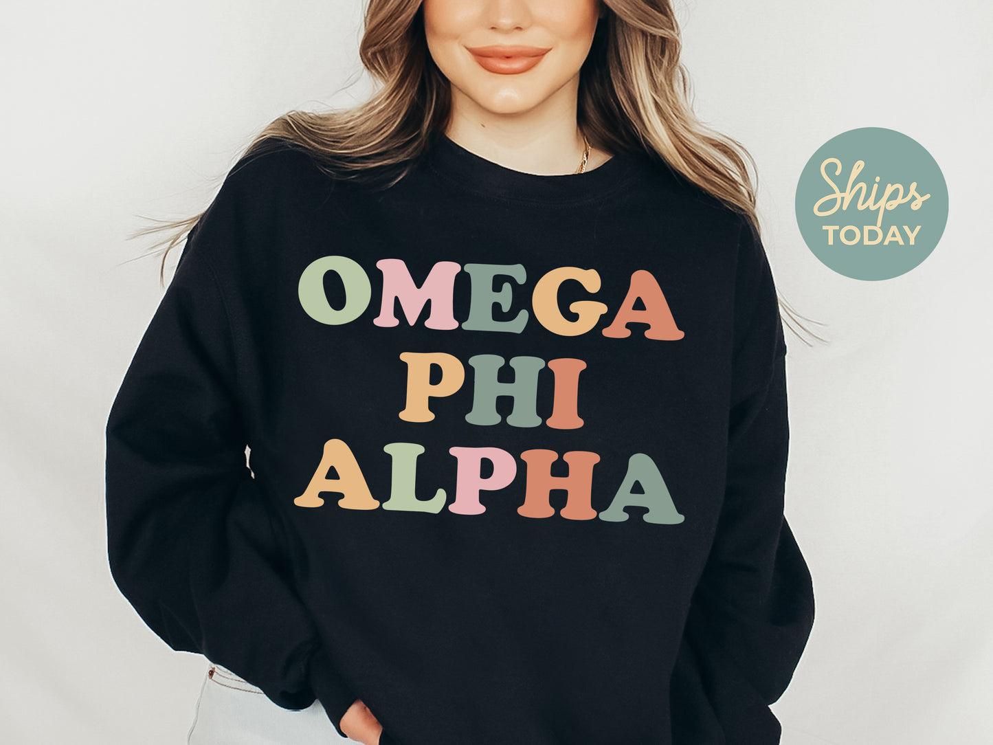 Omega Phi Alpha Bright and Colorful Sorority Sweatshirt _ 3476g