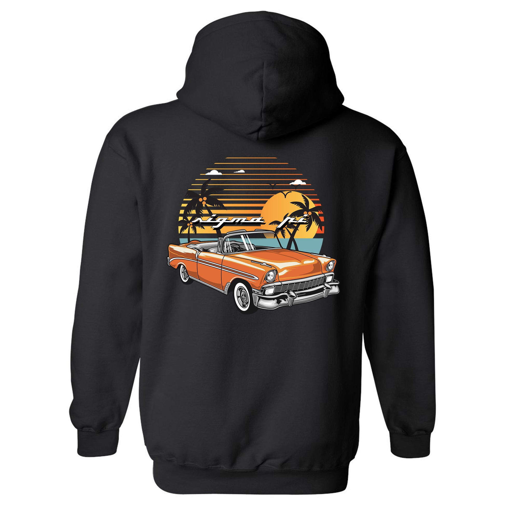 a black hoodie with an orange car and palm trees
