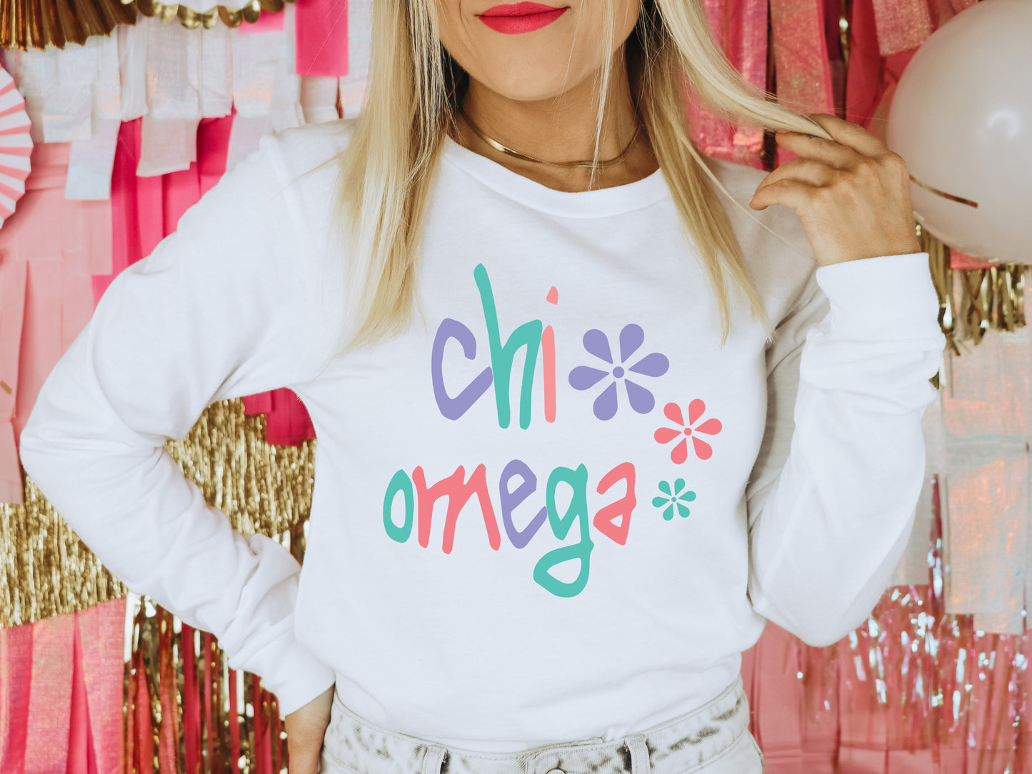Chi Omega Colorful Floral Sorority Long Sleeve T-shirt _ 2612g