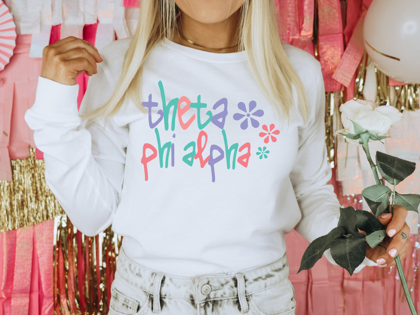 Theta Phi Alpha Colorful Floral Sorority Long Sleeve T-shirt _ 2627g