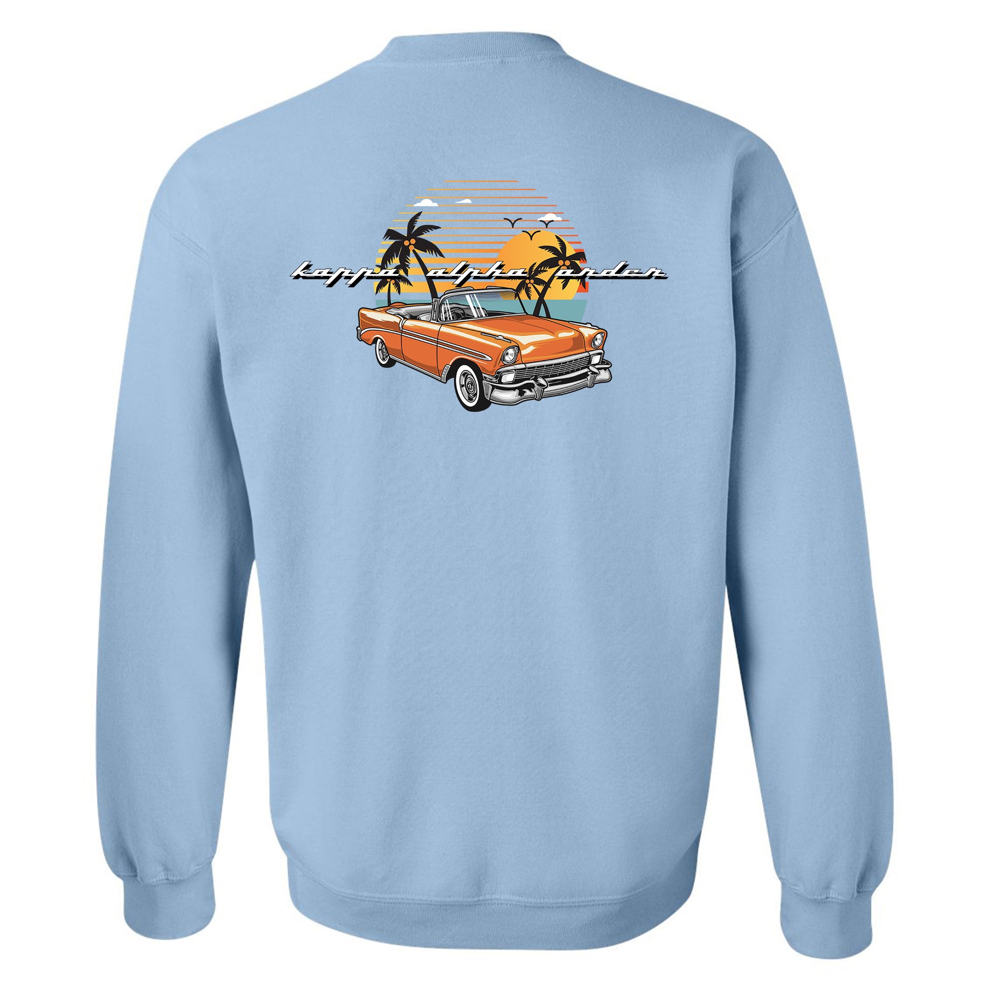 a blue sweatshirt with an orange car and palm trees