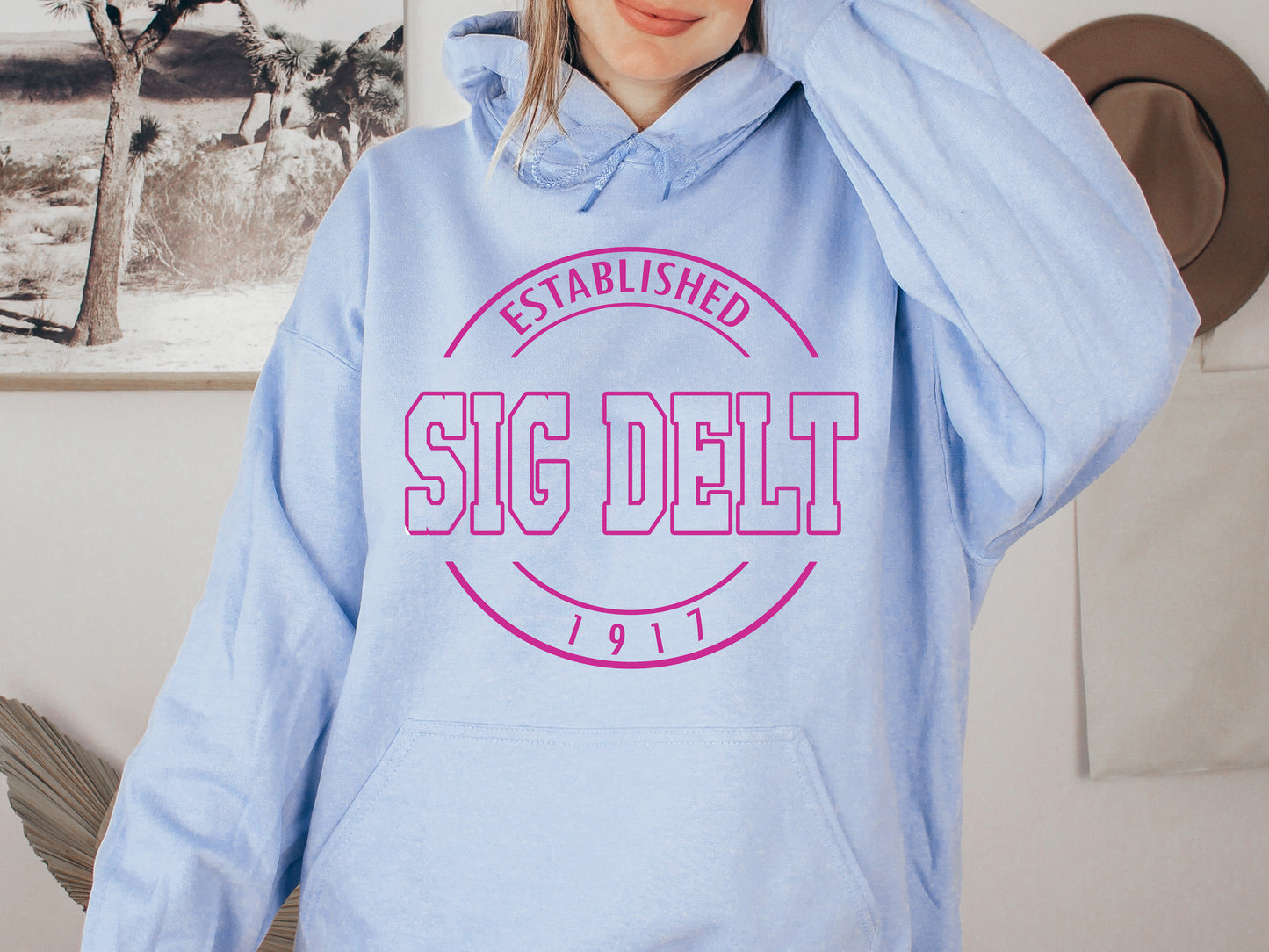 Sigma Delta Tau Pink Stamp Sorority Hoodie _ 72g