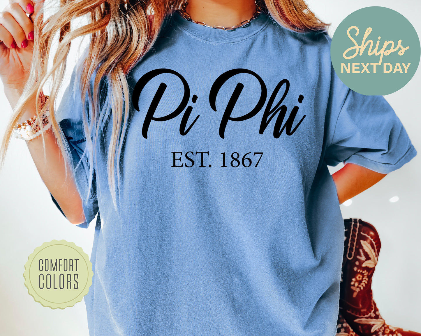 Pi Beta Phi Black Flowy Comfort Colors Sorority T-shirt  _ 97g