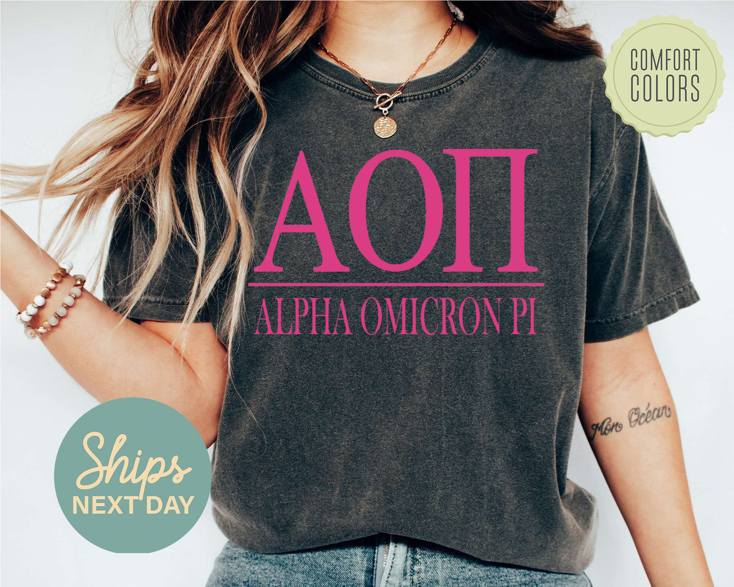 Alpha Omicron Pi Loud Letters Comfort Colors Sorority T-shirt _ 470g