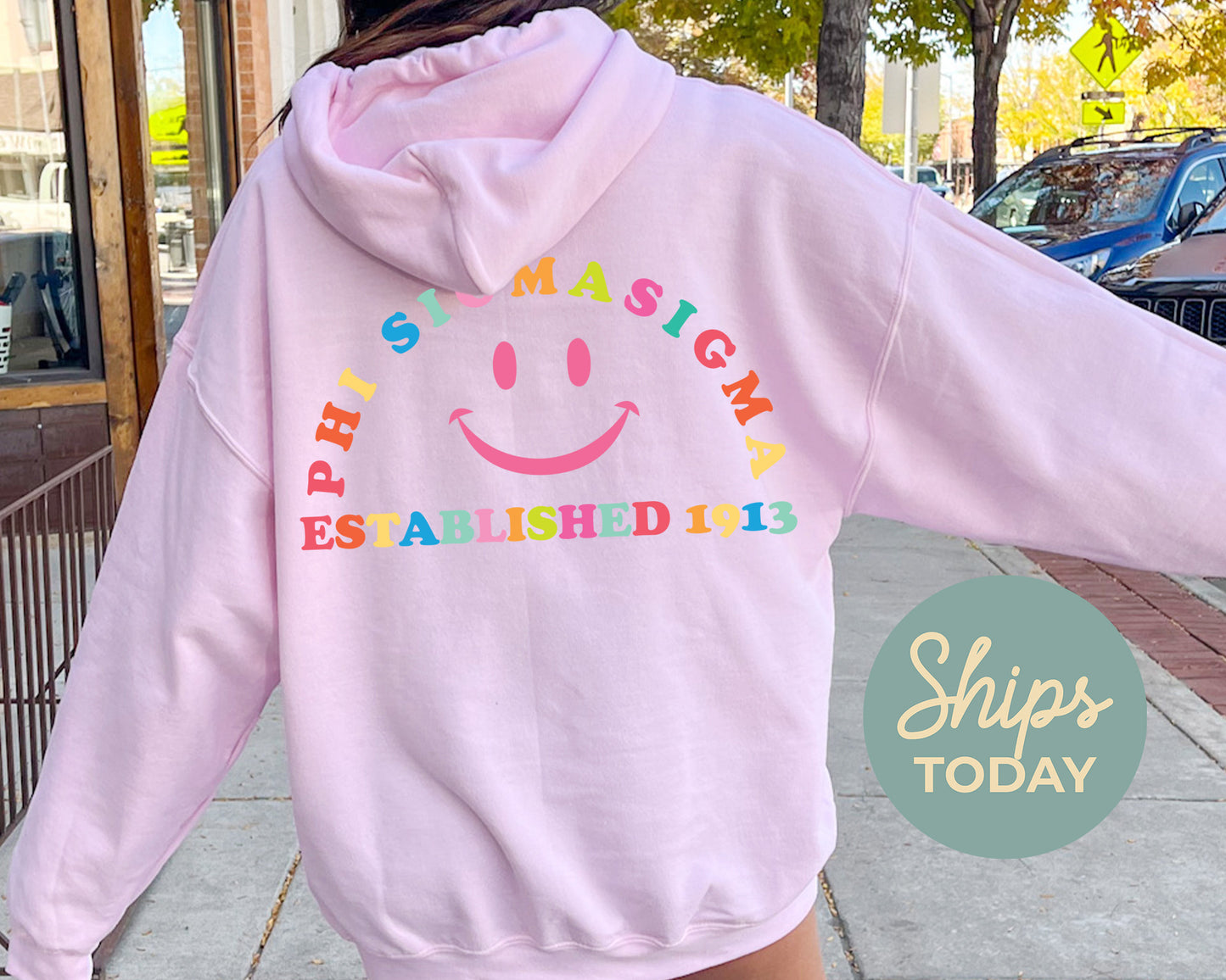 Phi Sigma Sigma Gleaming Smiley Face Sorority Hoodie _ 33069g