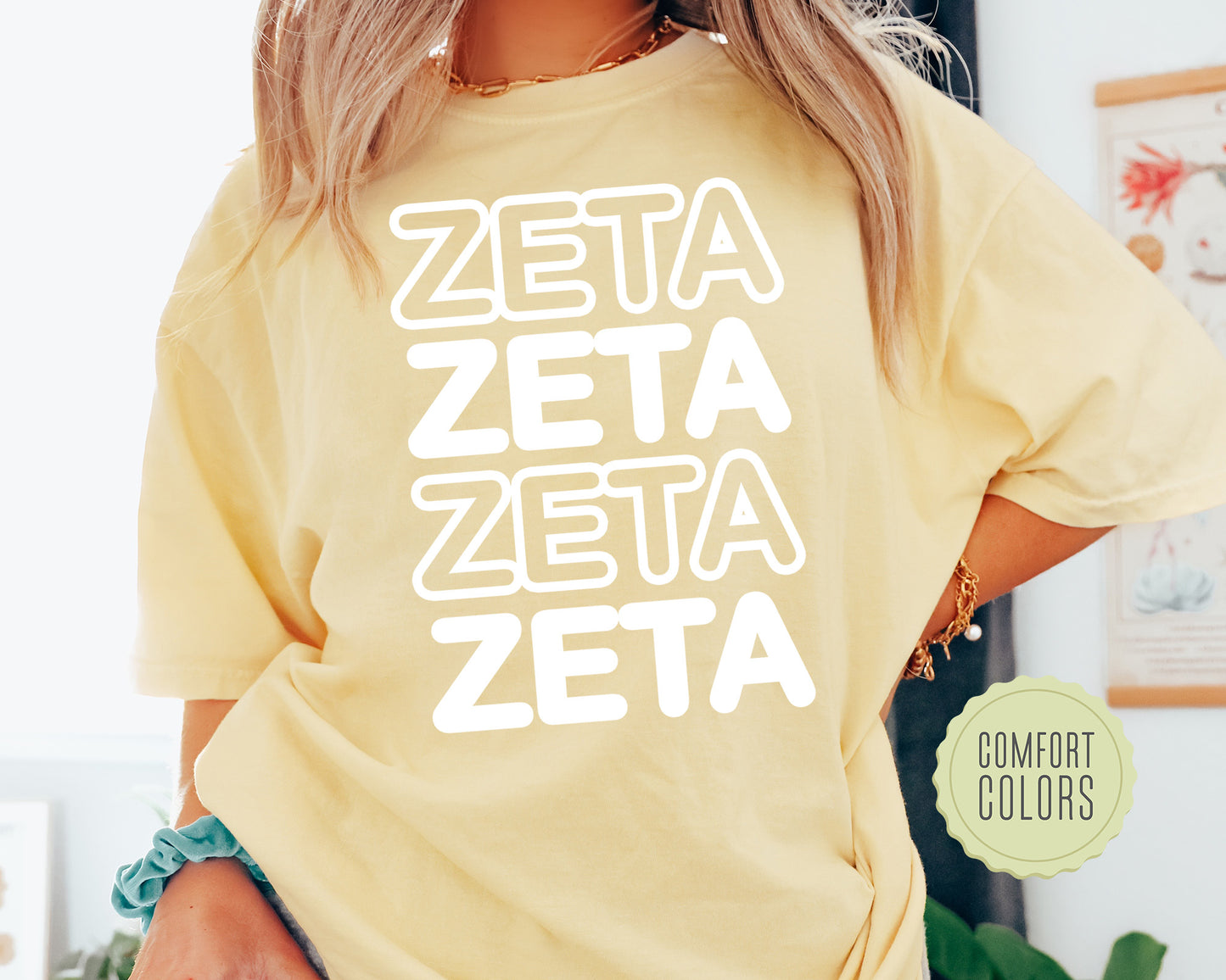Zeta Tau Alpha Bold Bubble Letter Comfort Colors Sorority T-shirt _ 2237g