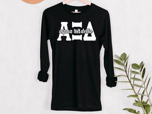 Alpha Xi Delta Sliced White Letters Sorority Long Sleeve T-shirt _ 2246g