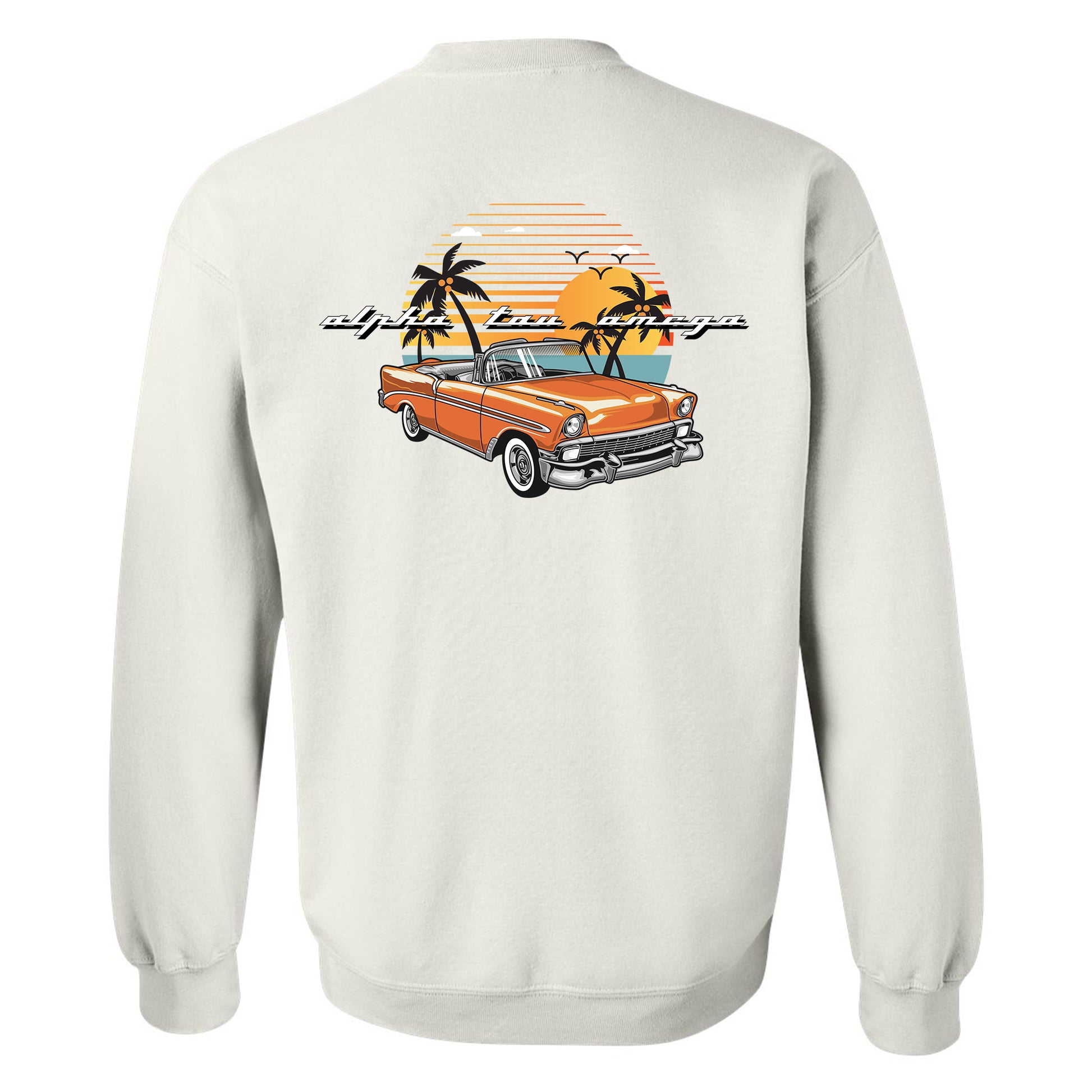 a white sweatshirt with an orange car and palm trees