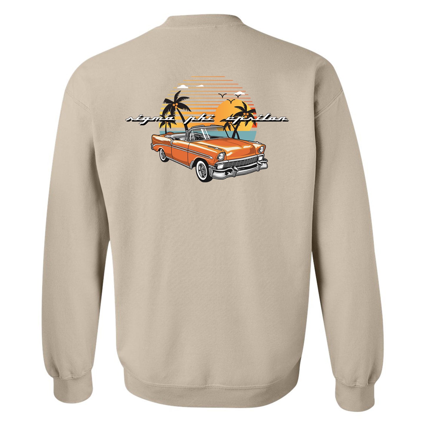 an orange car with palm trees and a sunset in the background