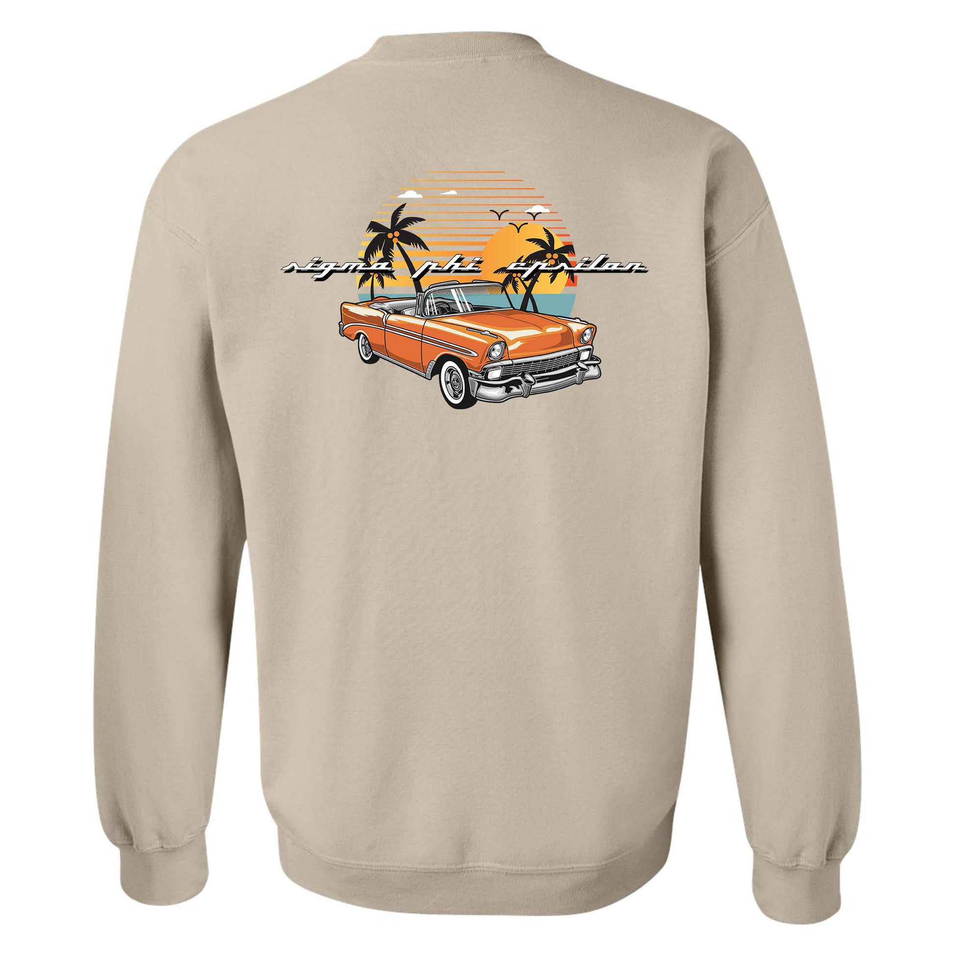 an orange car with palm trees and a sunset in the background