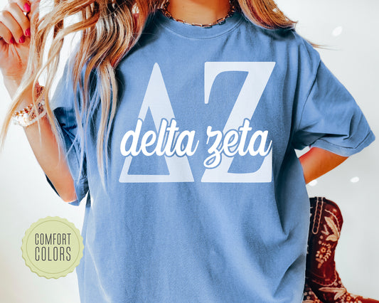 Delta Zeta Sliced White Letters Comfort Colors Sorority T-shirt _ 2251g