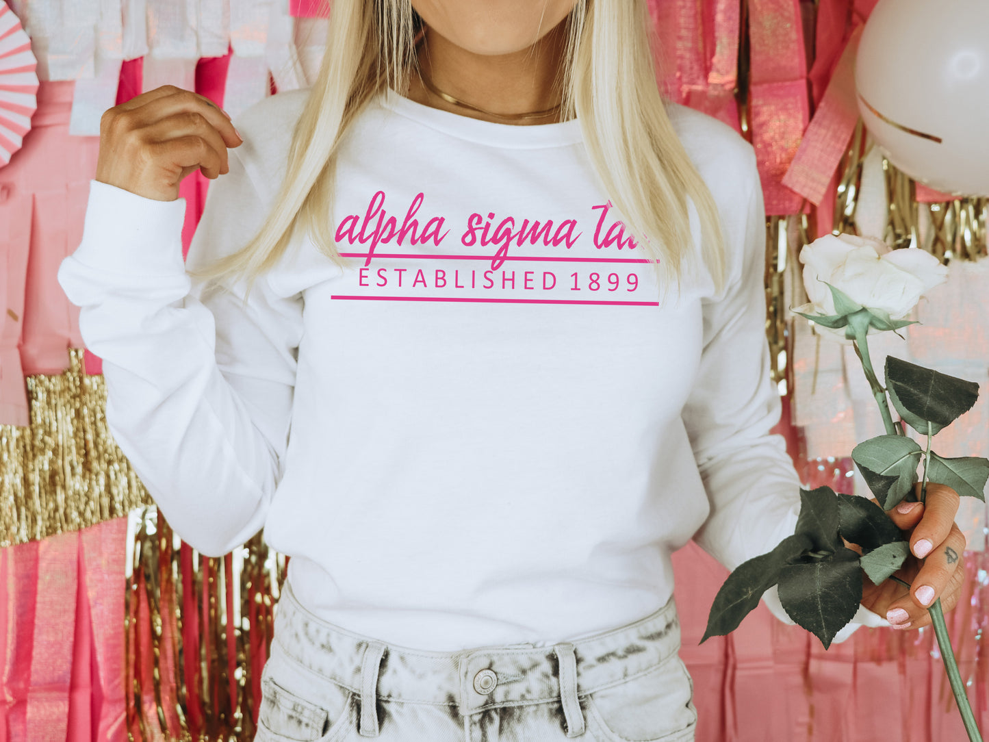 Alpha Sigma Tau All Pink Sorority Long Sleeve T-shirt _ 759g