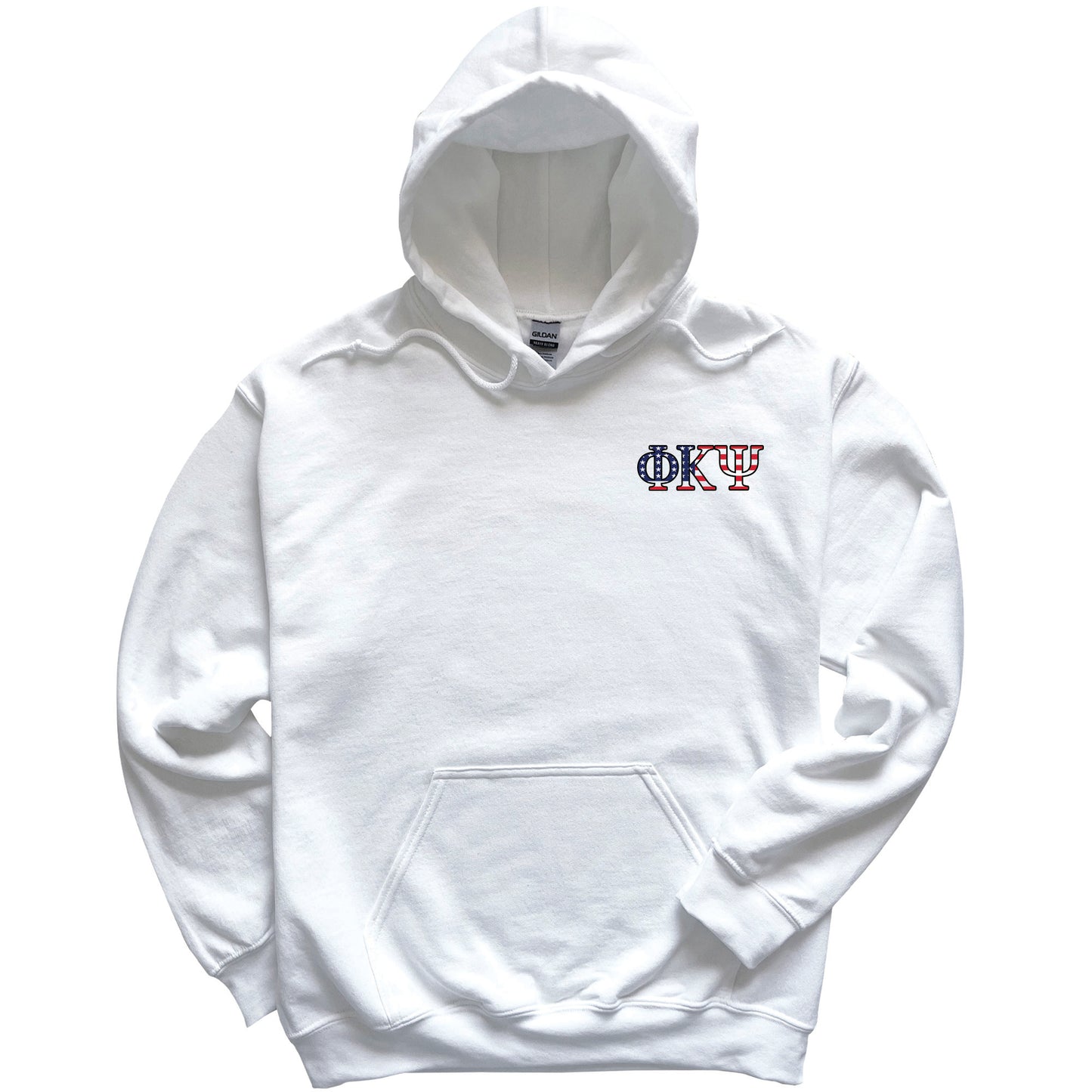 a white hoodie with a red, white, and blue logo