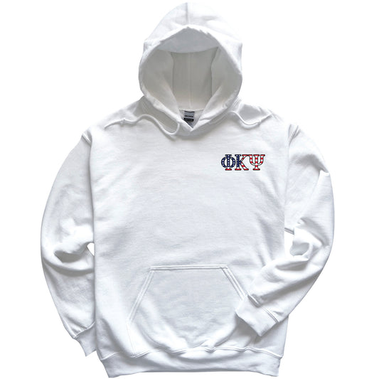 a white hoodie with a red, white, and blue logo