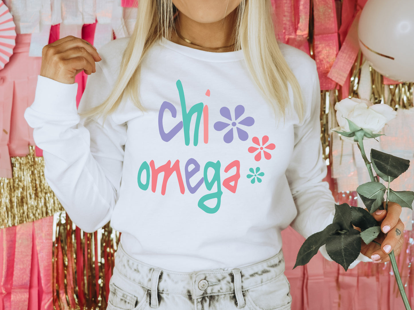 Chi Omega Colorful Floral Sorority Long Sleeve T-shirt _ 2612g