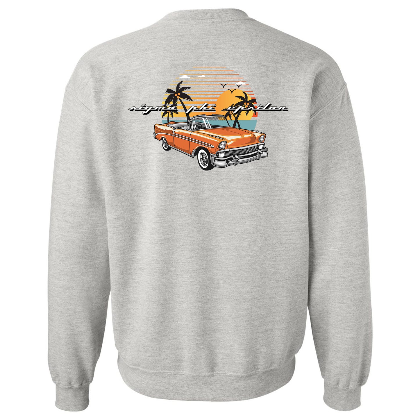 a grey sweatshirt with an orange car and palm trees