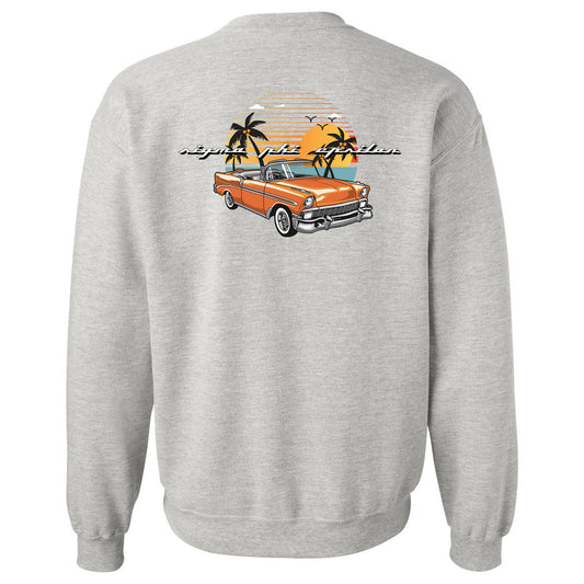 a grey sweatshirt with an orange car and palm trees
