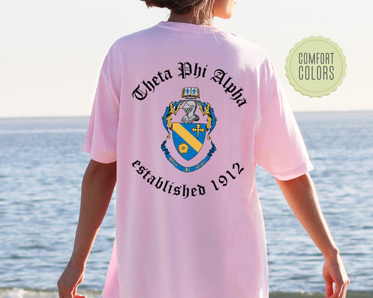 Theta Phi Alpha Old English Crest Comfort Colors Sorority T-shirt _ 32944g