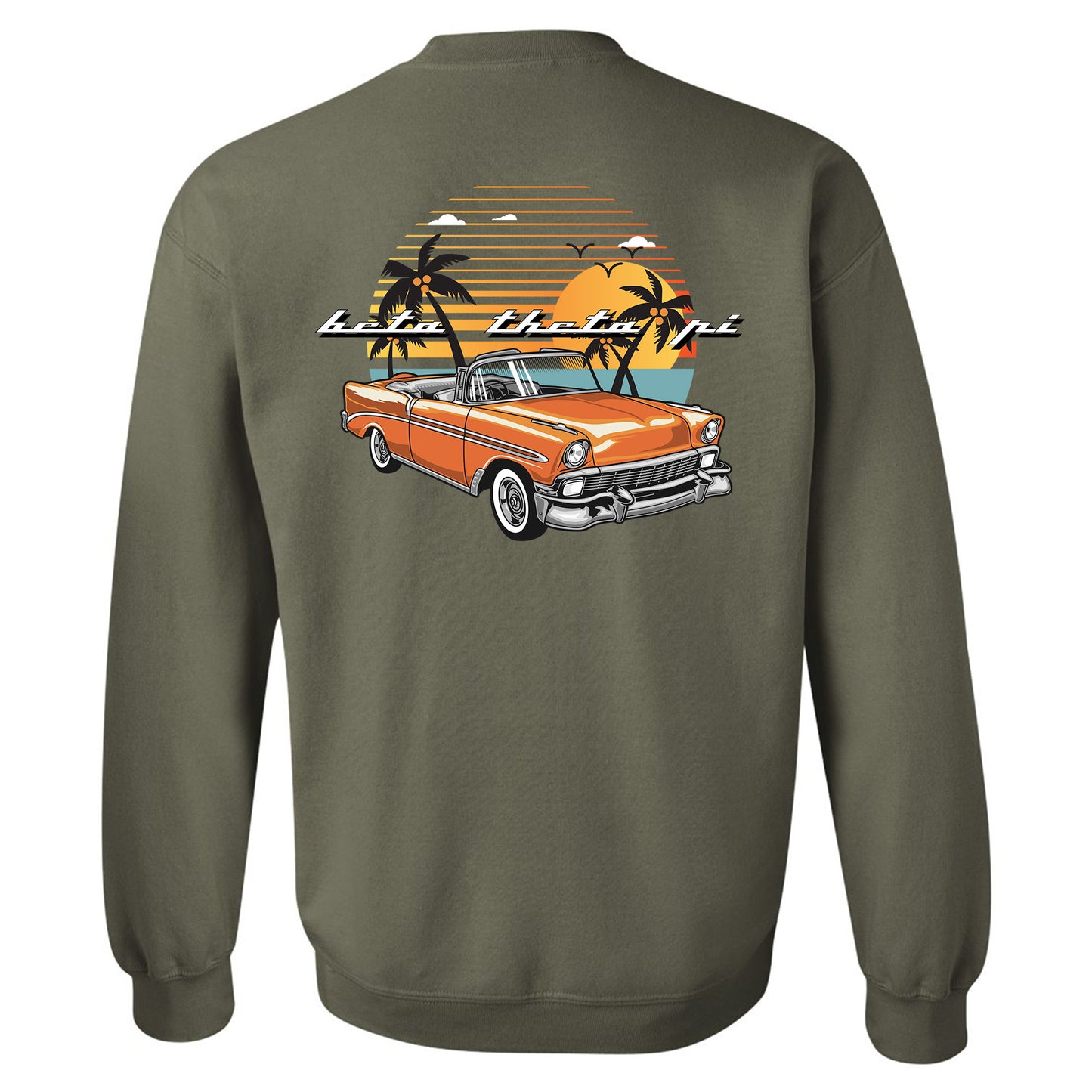 a green sweatshirt with an orange car and palm trees