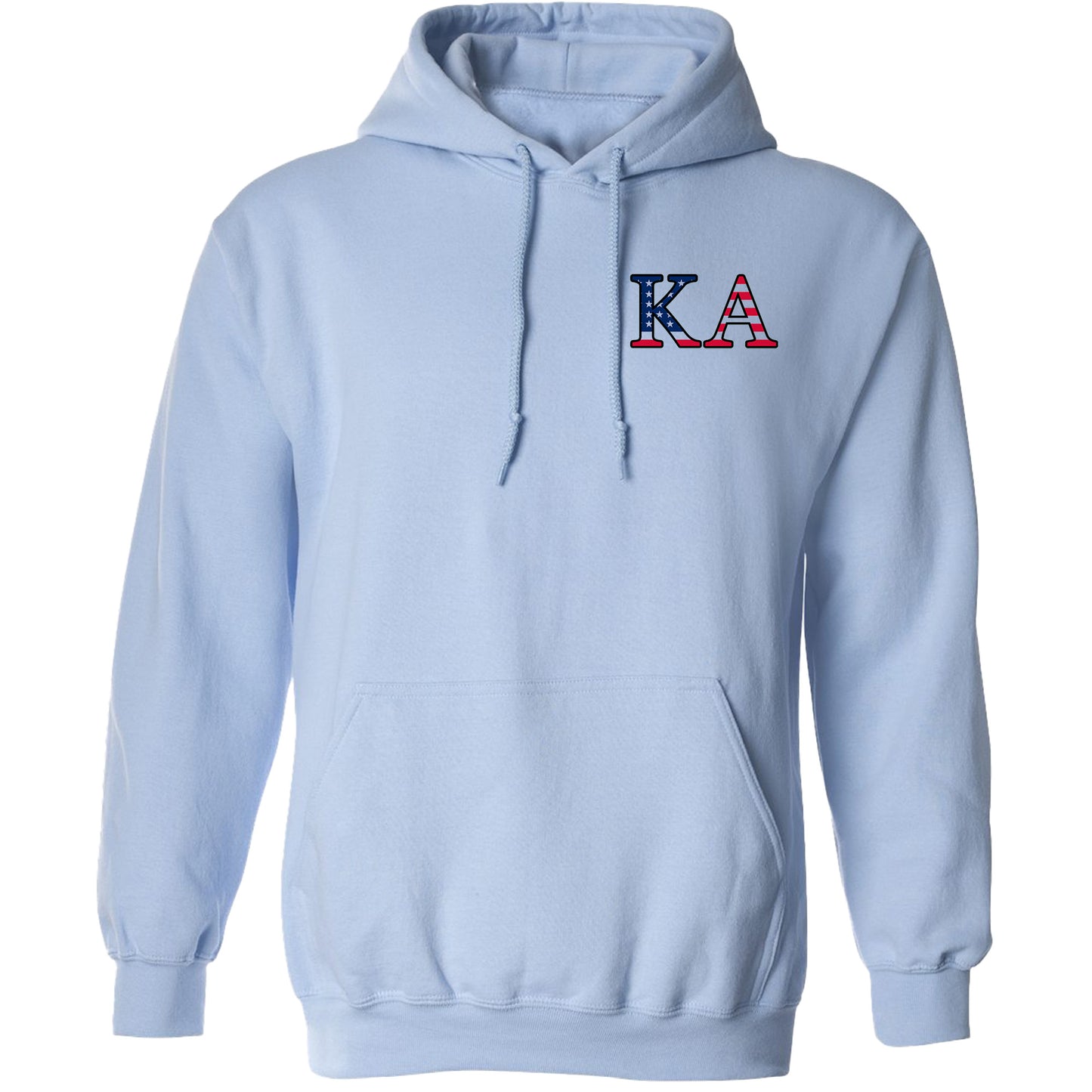 a light blue hoodie with the letter a in red, white, and blue