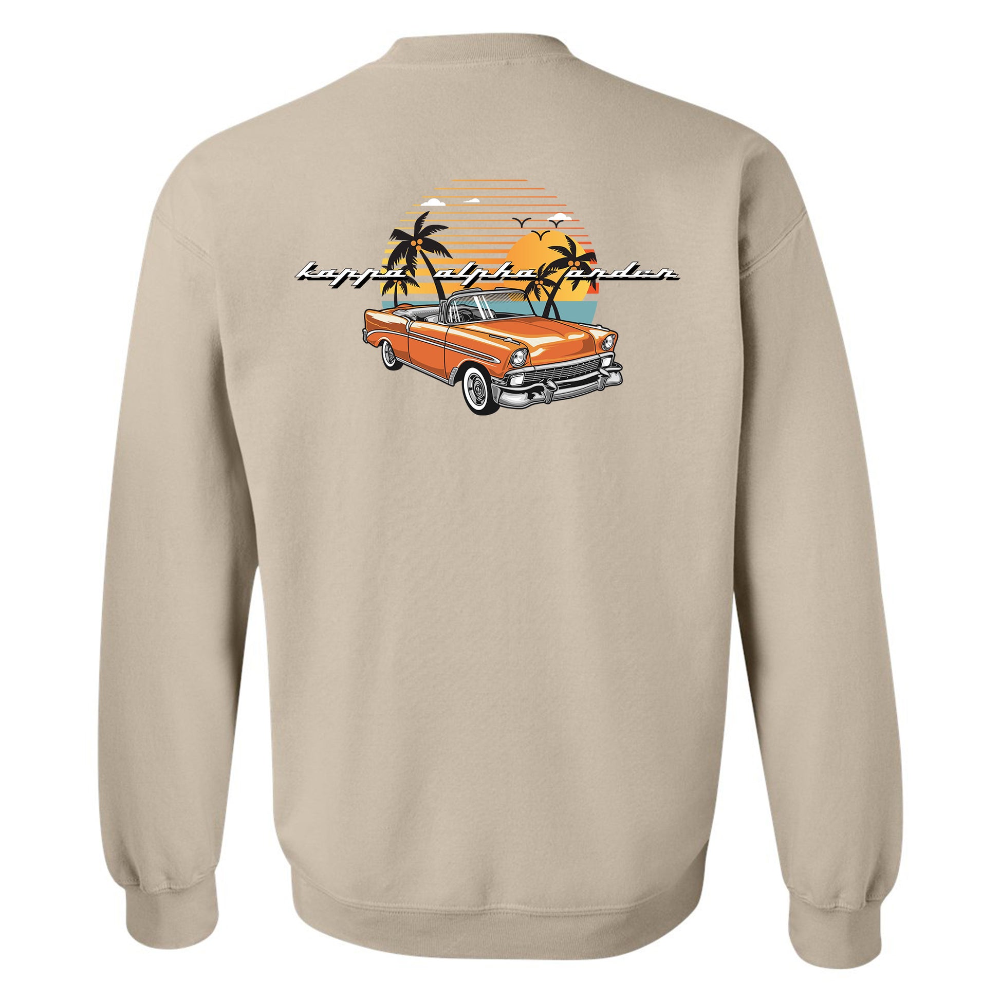a beige sweatshirt with an orange car and palm trees