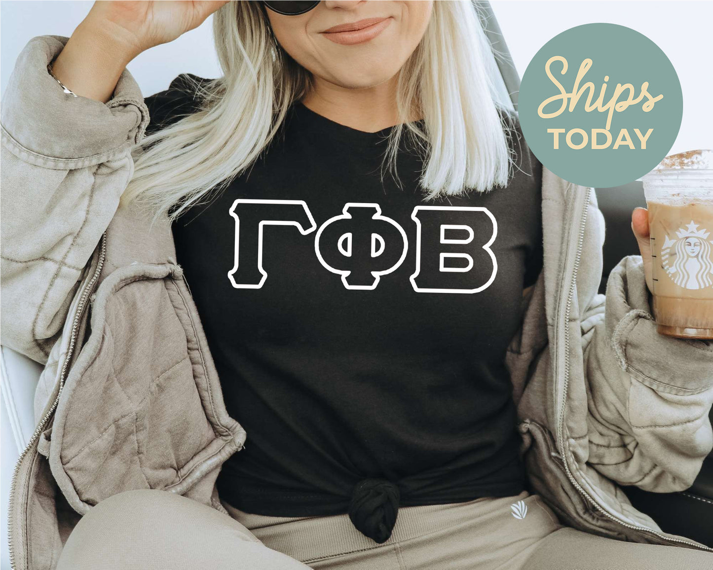 Gamma Phi Beta White Letter Outline Sorority T-shirt _ 30805g