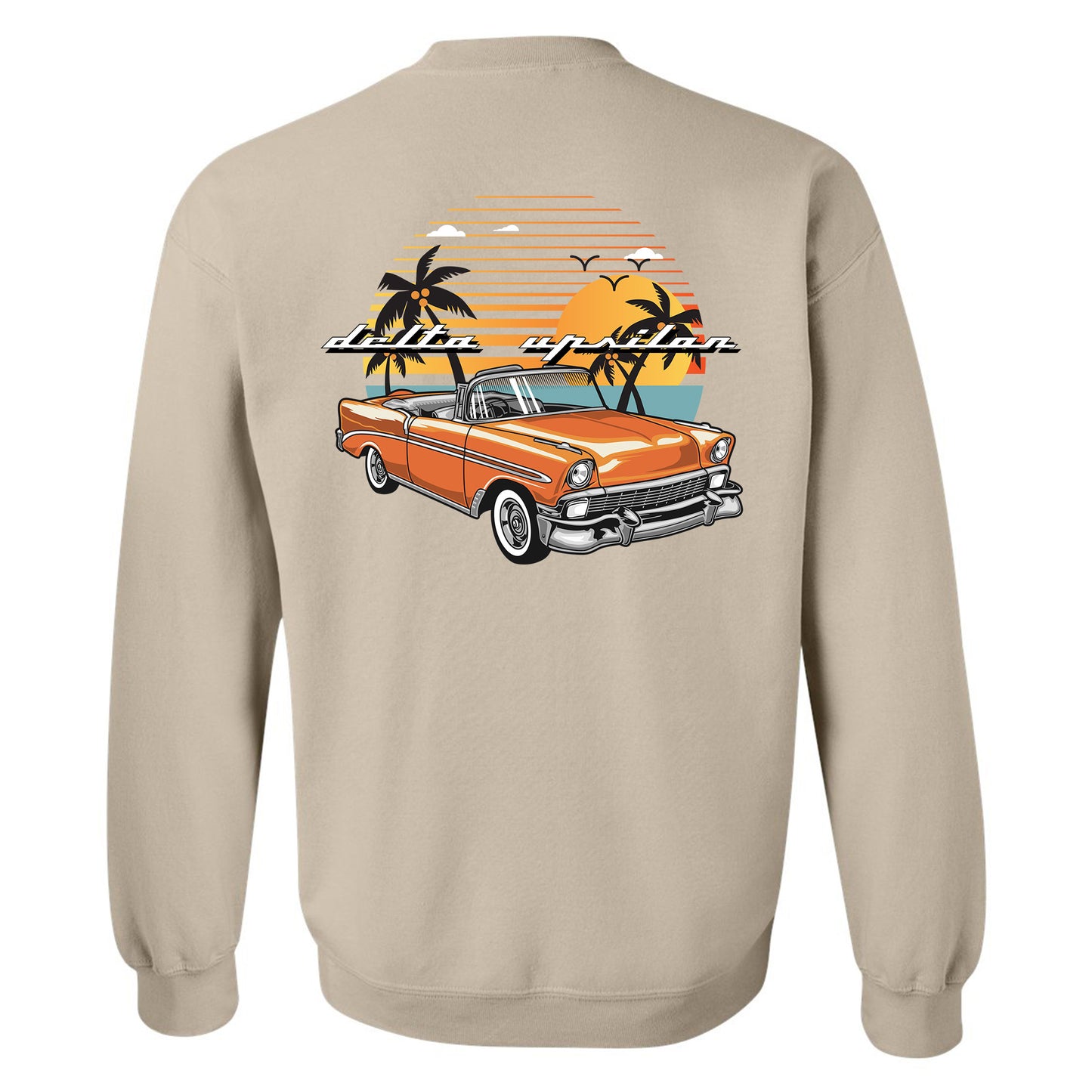a tan sweatshirt with an orange car and palm trees