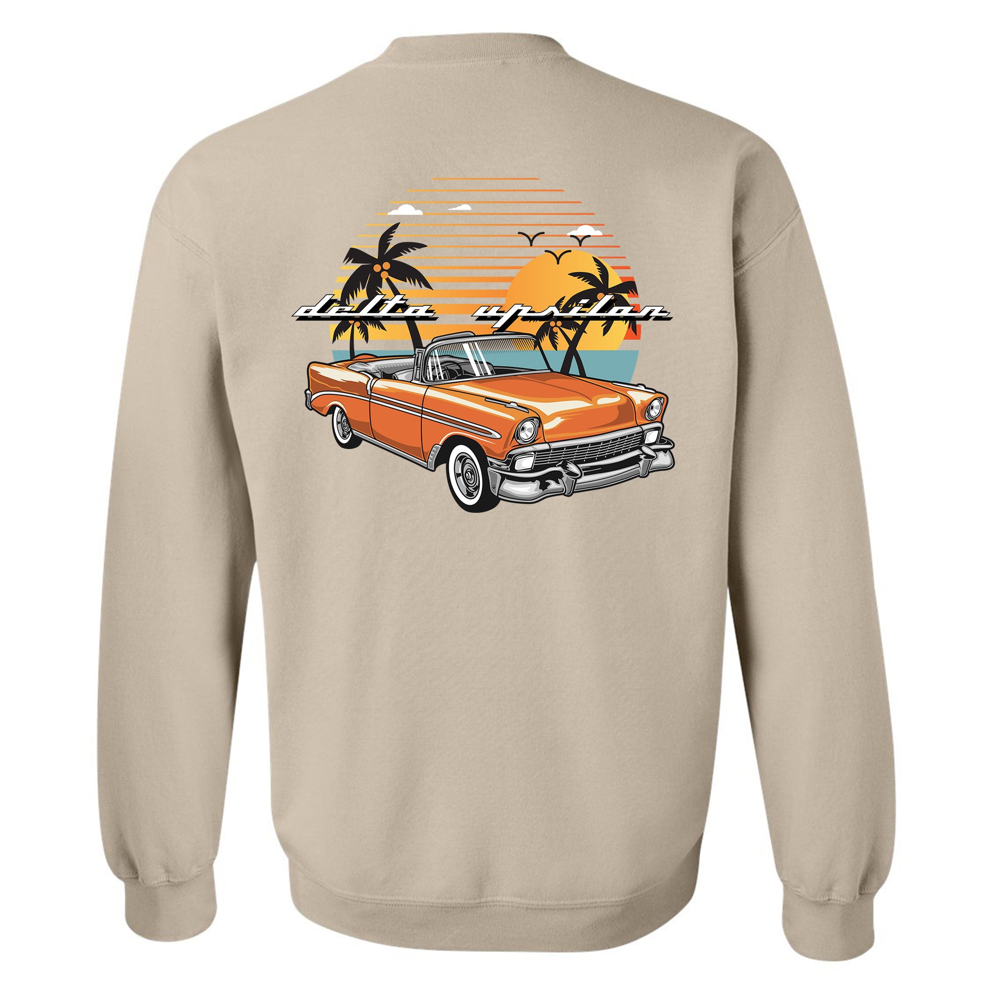a tan sweatshirt with an orange car and palm trees